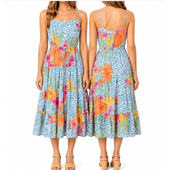 THML Dresses & Skirts - THML Womens M Blue Floral Leopard Print Tassel Tie‎ Tiered Midi Dress